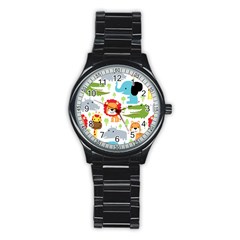 Seamless Pattern Vector With Animals Cartoon Stainless Steel Round Watch by Simbadda