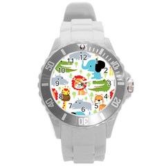 Seamless Pattern Vector With Animals Cartoon Round Plastic Sport Watch (l) by Simbadda