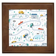 Cute Children Seamless Pattern With Cars Road Park Houses White Background Illustration Town Cartooo Framed Tile by Simbadda