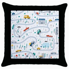 Cute Children Seamless Pattern With Cars Road Park Houses White Background Illustration Town Cartooo Throw Pillow Case (black) by Simbadda