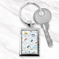 Cute Children Seamless Pattern With Cars Road Park Houses White Background Illustration Town Cartooo Key Chain (rectangle) by Simbadda