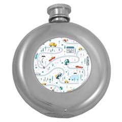 Cute Children Seamless Pattern With Cars Road Park Houses White Background Illustration Town Cartooo Round Hip Flask (5 Oz) by Simbadda