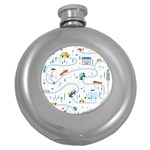 Cute Children Seamless Pattern With Cars Road Park Houses White Background Illustration Town Cartooo Round Hip Flask (5 oz) Front