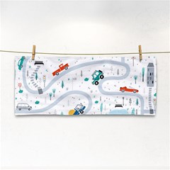 Cute Children Seamless Pattern With Cars Road Park Houses White Background Illustration Town Cartooo Hand Towel by Simbadda