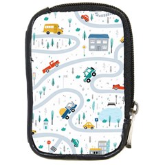 Cute Children Seamless Pattern With Cars Road Park Houses White Background Illustration Town Cartooo Compact Camera Leather Case by Simbadda