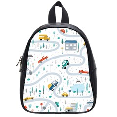 Cute Children Seamless Pattern With Cars Road Park Houses White Background Illustration Town Cartooo School Bag (small) by Simbadda