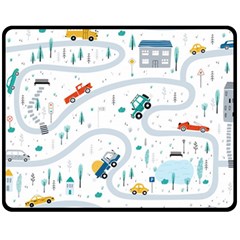 Cute Children Seamless Pattern With Cars Road Park Houses White Background Illustration Town Cartooo Fleece Blanket (medium) by Simbadda