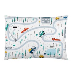 Cute Children Seamless Pattern With Cars Road Park Houses White Background Illustration Town Cartooo Pillow Case (two Sides) by Simbadda