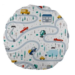 Cute Children Seamless Pattern With Cars Road Park Houses White Background Illustration Town Cartooo Large 18  Premium Round Cushions by Simbadda