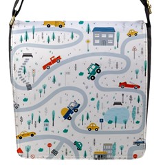 Cute Children Seamless Pattern With Cars Road Park Houses White Background Illustration Town Cartooo Flap Closure Messenger Bag (s) by Simbadda