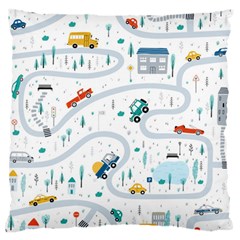 Cute Children Seamless Pattern With Cars Road Park Houses White Background Illustration Town Cartooo Standard Premium Plush Fleece Cushion Case (one Side) by Simbadda