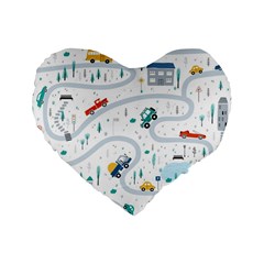 Cute Children Seamless Pattern With Cars Road Park Houses White Background Illustration Town Cartooo Standard 16  Premium Flano Heart Shape Cushions by Simbadda