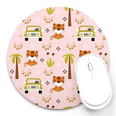 Cute Tiger Car Safari Seamless Pattern Round Mousepad by Simbadda