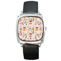 Cute Tiger Car Safari Seamless Pattern Square Metal Watch by Simbadda