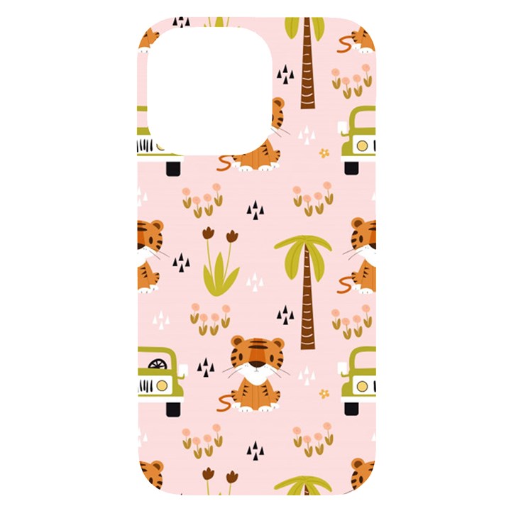 Cute Tiger Car Safari Seamless Pattern iPhone 14 Pro Max Black UV Print Case