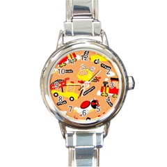 Seamless Pattern Cartoon With Transportation Vehicles Round Italian Charm Watch