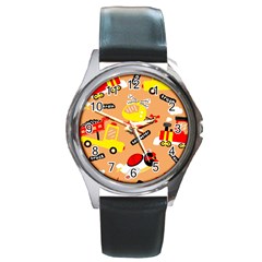 Seamless Pattern Cartoon With Transportation Vehicles Round Metal Watch