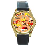 Seamless Pattern Cartoon With Transportation Vehicles Round Gold Metal Watch Front