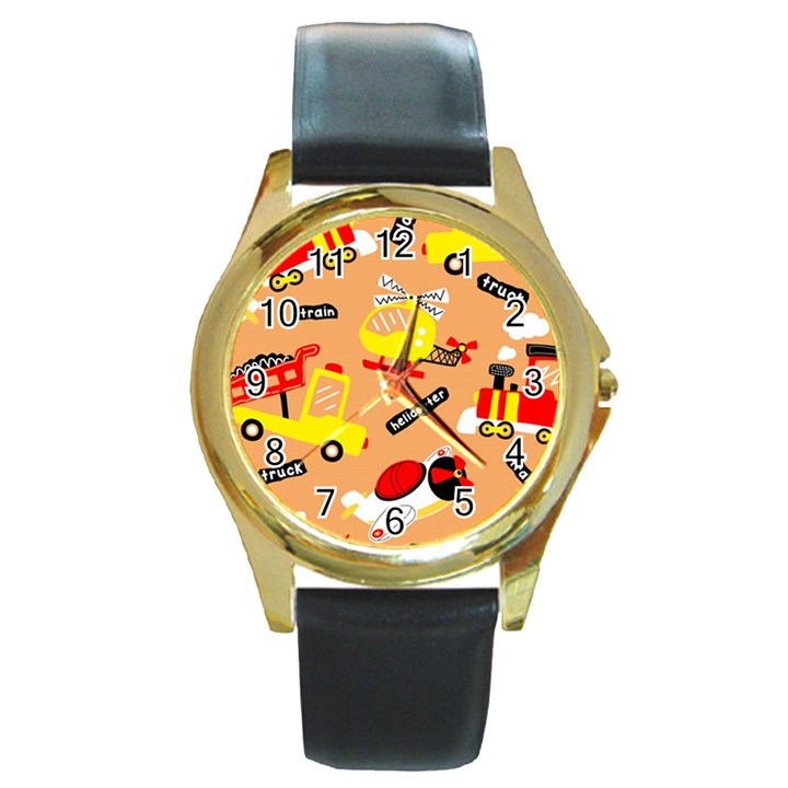 Seamless Pattern Cartoon With Transportation Vehicles Round Gold Metal Watch