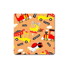 Seamless Pattern Cartoon With Transportation Vehicles Square Magnet