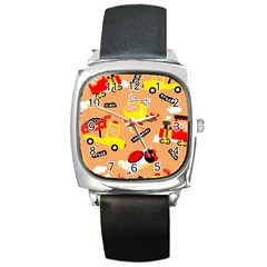 Seamless Pattern Cartoon With Transportation Vehicles Square Metal Watch