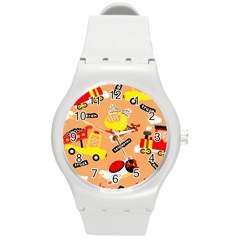 Seamless Pattern Cartoon With Transportation Vehicles Round Plastic Sport Watch (M)