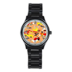 Seamless Pattern Cartoon With Transportation Vehicles Stainless Steel Round Watch