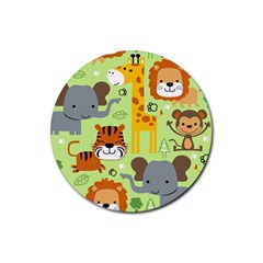 Seamless Pattern Vector With Animals Wildlife Cartoon Rubber Round Coaster (4 Pack) by Simbadda