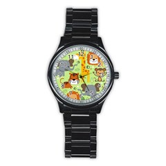 Seamless Pattern Vector With Animals Wildlife Cartoon Stainless Steel Round Watch by Simbadda