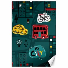 Seamless Pattern Hand Drawn With Vehicles Buildings Road Canvas 24  X 36 