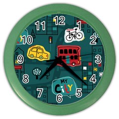 Seamless Pattern Hand Drawn With Vehicles Buildings Road Color Wall Clock by Simbadda