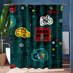 Seamless Pattern Hand Drawn With Vehicles Buildings Road Shower Curtain 60  X 72  (medium)  by Simbadda