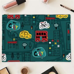 Seamless Pattern Hand Drawn With Vehicles Buildings Road Cosmetic Bag (xxl) by Simbadda