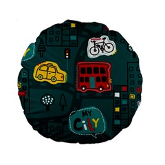 Seamless Pattern Hand Drawn With Vehicles Buildings Road Standard 15  Premium Round Cushions by Simbadda