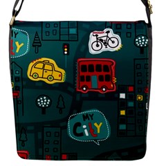 Seamless Pattern Hand Drawn With Vehicles Buildings Road Flap Closure Messenger Bag (s) by Simbadda