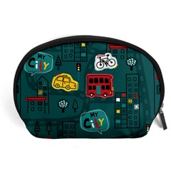 Seamless Pattern Hand Drawn With Vehicles Buildings Road Accessory Pouch (large) by Simbadda