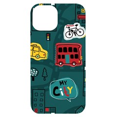 Seamless Pattern Hand Drawn With Vehicles Buildings Road Iphone 14 Black Uv Print Case by Simbadda