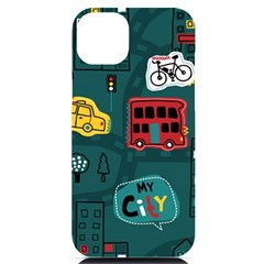 Seamless Pattern Hand Drawn With Vehicles Buildings Road Iphone 14 Plus Black Uv Print Case by Simbadda