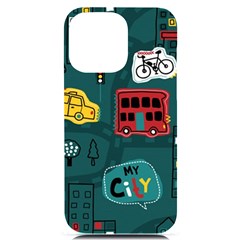 Seamless Pattern Hand Drawn With Vehicles Buildings Road Iphone 14 Pro Max Black Uv Print Case by Simbadda