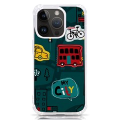 Seamless Pattern Hand Drawn With Vehicles Buildings Road Iphone 14 Pro Tpu Uv Print Case by Simbadda