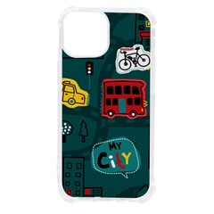 Seamless Pattern Hand Drawn With Vehicles Buildings Road Iphone 13 Mini Tpu Uv Print Case by Simbadda