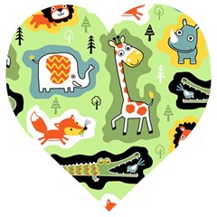 Seamless-pattern-with-wildlife-animals-cartoon Wooden Puzzle Heart by Simbadda