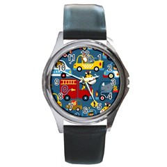 Seamless Pattern Vehicles Cartoon With Funny Drivers Round Metal Watch by Simbadda