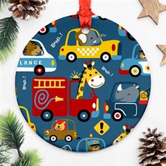 Seamless Pattern Vehicles Cartoon With Funny Drivers Ornament (round) by Simbadda