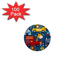 Seamless Pattern Vehicles Cartoon With Funny Drivers 1  Mini Buttons (100 Pack)  by Simbadda