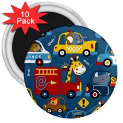 Seamless Pattern Vehicles Cartoon With Funny Drivers 3  Magnets (10 Pack)  by Simbadda