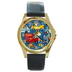 Seamless Pattern Vehicles Cartoon With Funny Drivers Round Gold Metal Watch by Simbadda