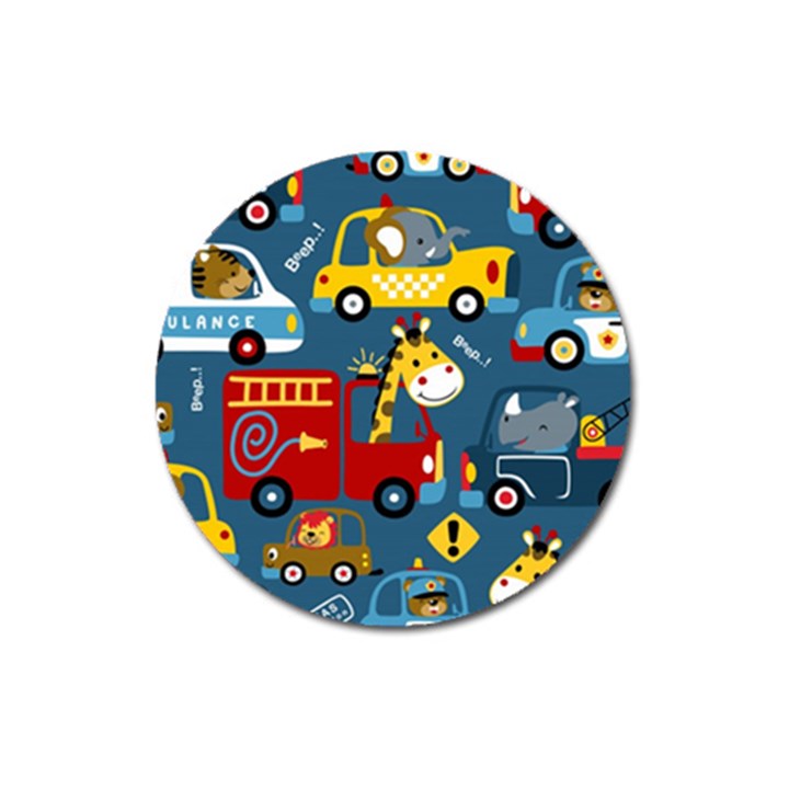 Seamless Pattern Vehicles Cartoon With Funny Drivers Magnet 3  (Round)