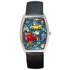 Seamless Pattern Vehicles Cartoon With Funny Drivers Barrel Style Metal Watch by Simbadda