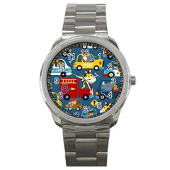 Seamless Pattern Vehicles Cartoon With Funny Drivers Sport Metal Watch by Simbadda